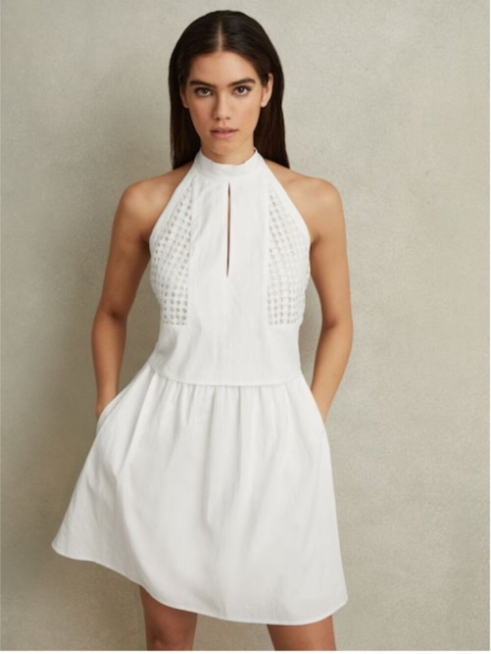 Reiss Eden Broderie Halter Neck Mini Dress With Linen Size US 2 • White • NWT - Picture 6 of 6